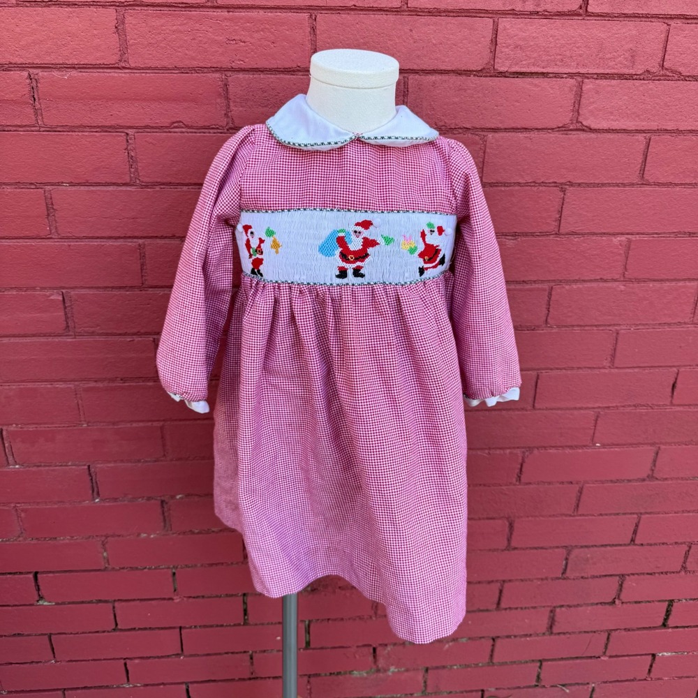 Vtg Rare Editions Kids Girls Red Gingham Smocked‎ Santa Christmas Dress 2T